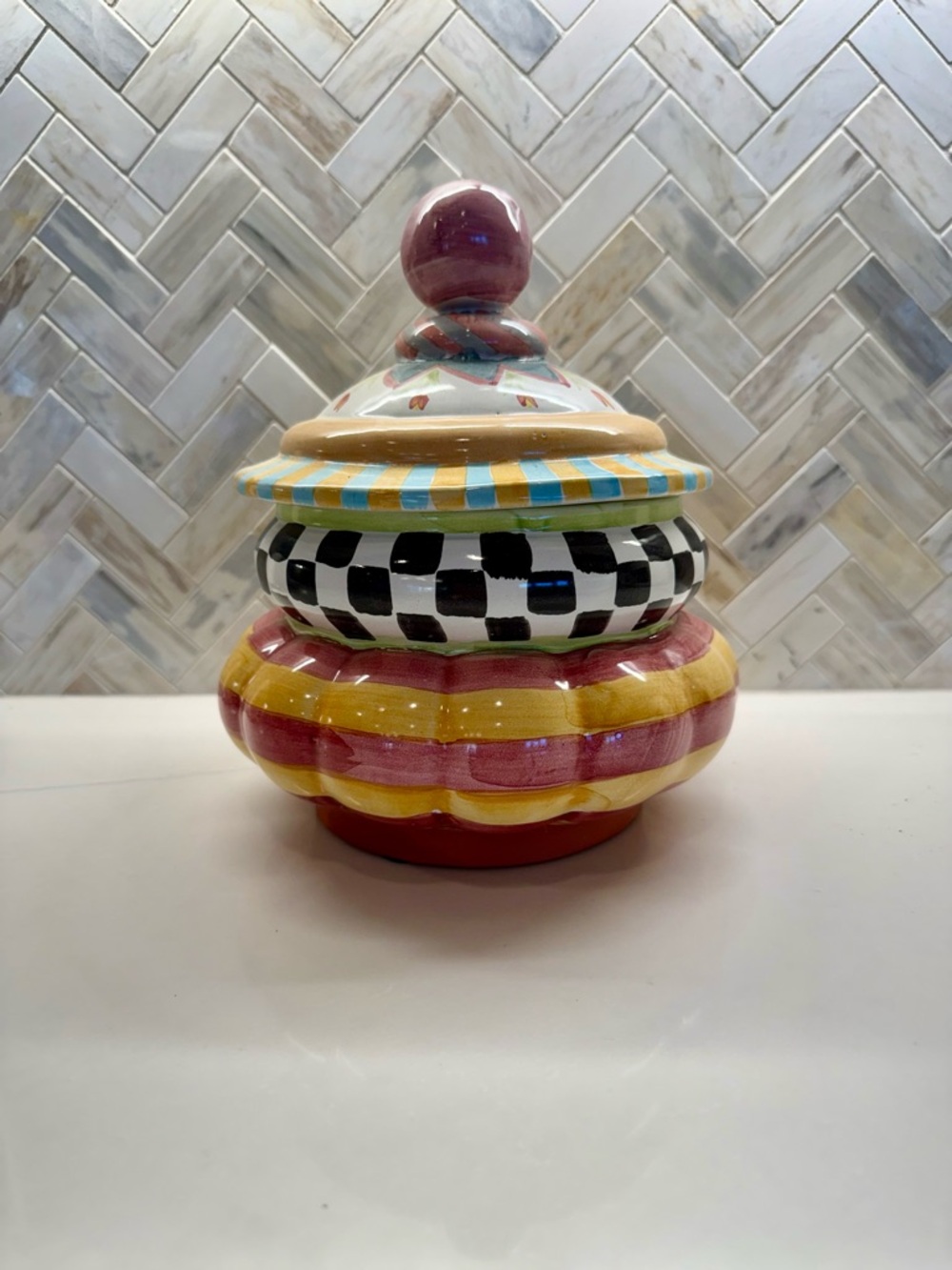MacKenzie-Childs Striped & Checkered Multicolor Ceramic Canister